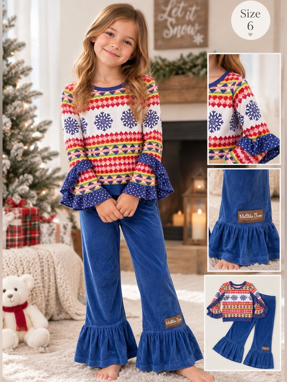 Matilda Jane Girls Size 6 2-Pc Outfit Set Snowflake Ruffle Top & Flare Pants